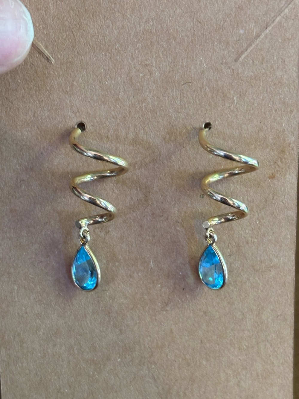 14K Yellow Gold Pear Cut Blue Topaz Modernist Dangle Drop Stud Earrings
